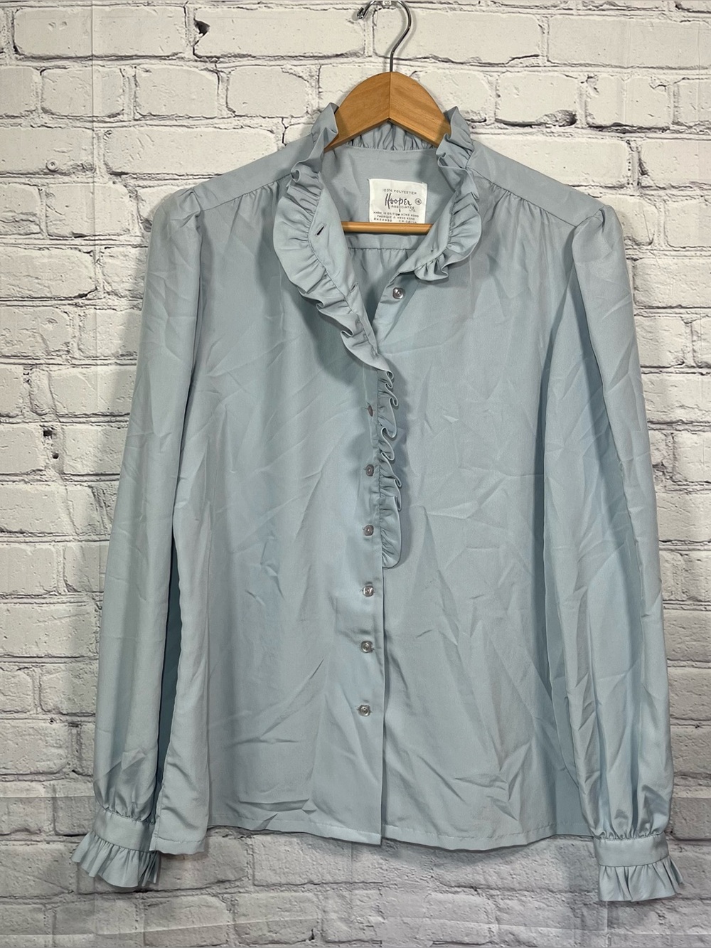 Vintage Hooper Blouse Womens Size 16 Blue Shirt Button Up Long Sleeve Ruffles
